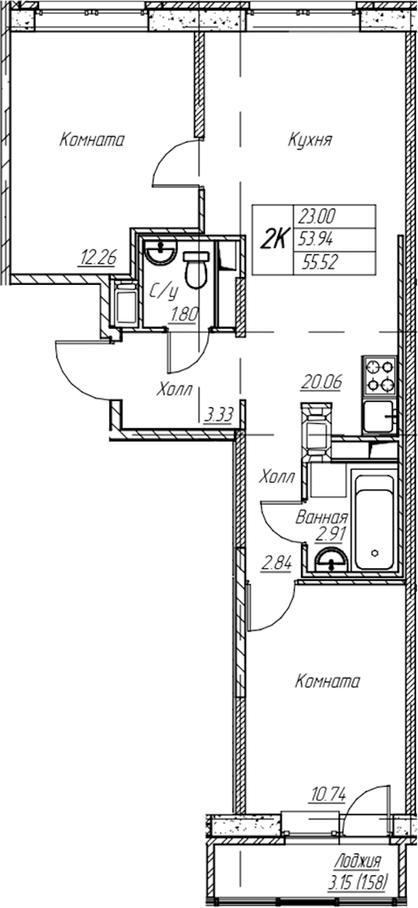 2-комнатная квартира 55.52 м², 12/22 эт., ЖК «Парк-квартал Юнтолово»